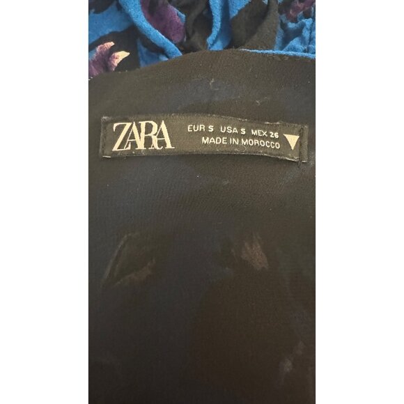 Zara Small Floral Ruched Mini Dress Long Sleeves With Zipper Blue/Black/Purple - Picture 2 of 14